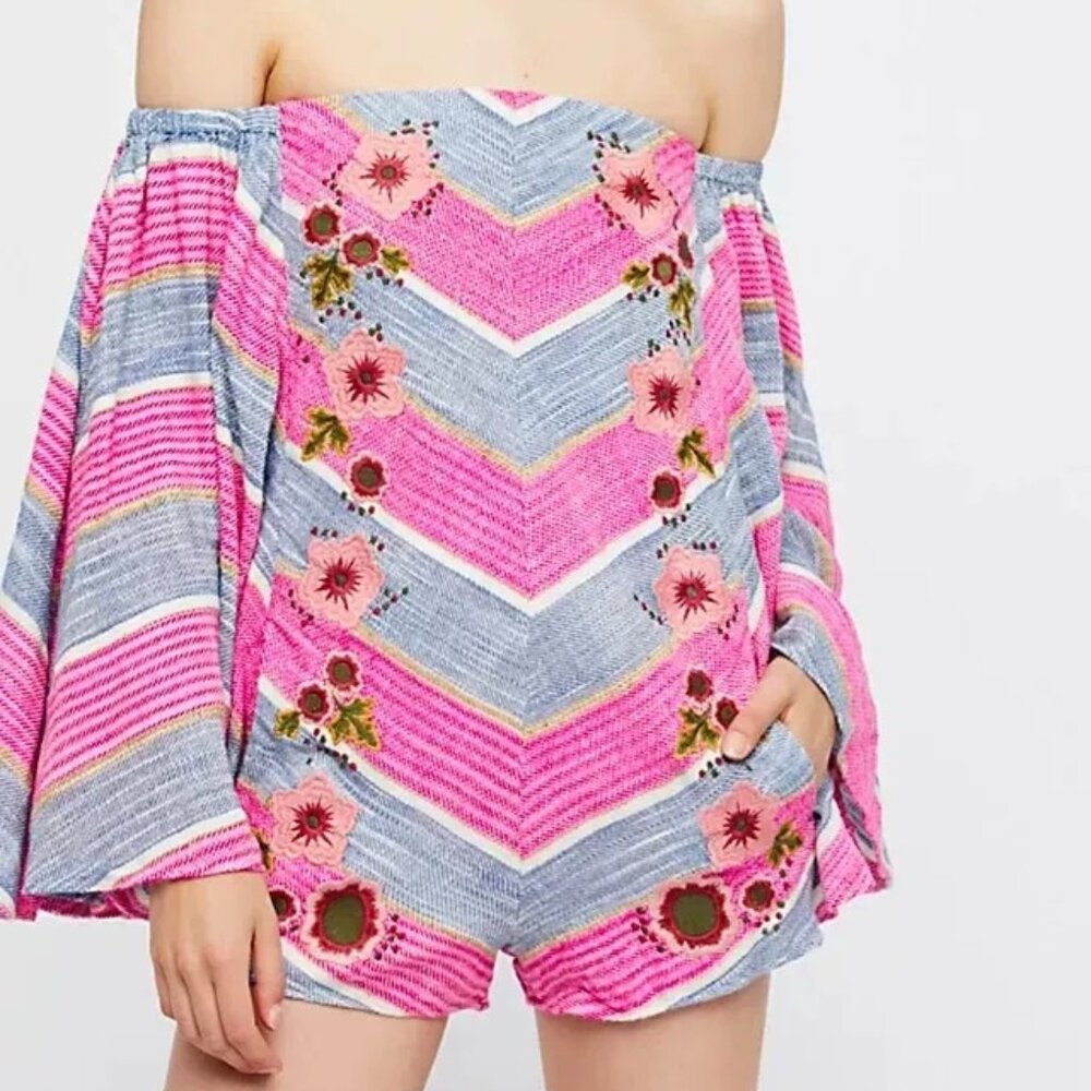 Free People |Shanti Playsuit Stripe Floral | Embroidered Off The Shoulder Romper